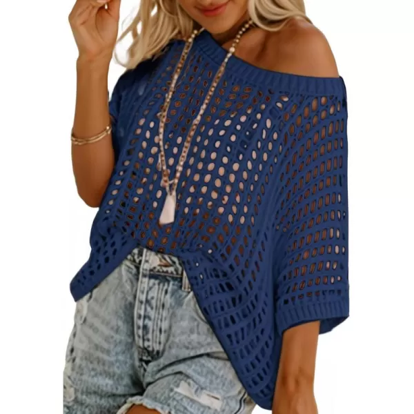 Sidefeel Womens Crochet Tops Short Sleeve Sweater 2024 Fashion Hollow Out Scoop Neck Pullover Knit Tops Cover UpsBlue