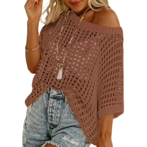 Sidefeel Womens Crochet Tops Short Sleeve Sweater 2024 Fashion Hollow Out Scoop Neck Pullover Knit Tops Cover UpsCoffee