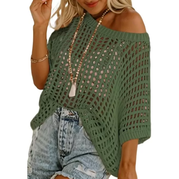 Sidefeel Womens Crochet Tops Short Sleeve Sweater 2024 Fashion Hollow Out Scoop Neck Pullover Knit Tops Cover UpsGreen