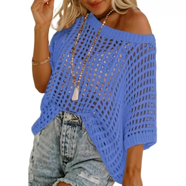 Sidefeel Womens Crochet Tops Short Sleeve Sweater 2024 Fashion Hollow Out Scoop Neck Pullover Knit Tops Cover UpsLight Blue