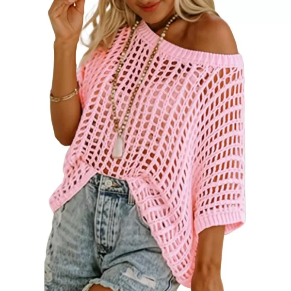 Sidefeel Womens Crochet Tops Short Sleeve Sweater 2024 Fashion Hollow Out Scoop Neck Pullover Knit Tops Cover UpsPink