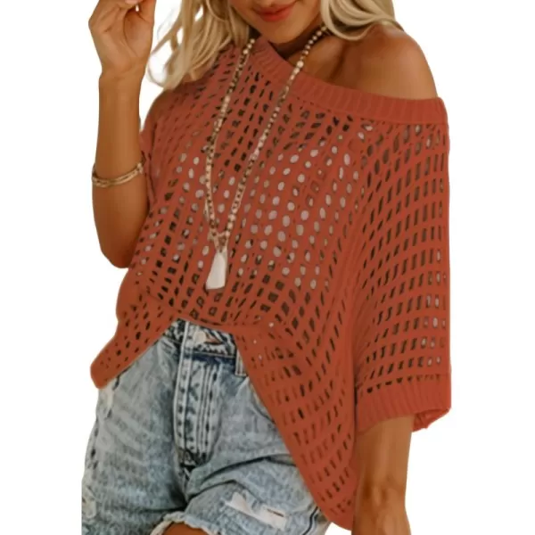 Sidefeel Womens Crochet Tops Short Sleeve Sweater 2024 Fashion Hollow Out Scoop Neck Pullover Knit Tops Cover UpsRed