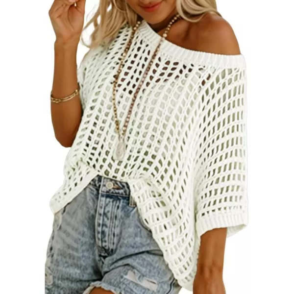 Sidefeel Womens Crochet Tops Short Sleeve Sweater 2024 Fashion Hollow Out Scoop Neck Pullover Knit Tops Cover UpsWhite