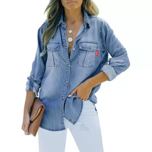Sidefeel Womens Denim Tops Long Sleeve Shacket Jackets Button Down Collared Jean ShirtBeau Blue