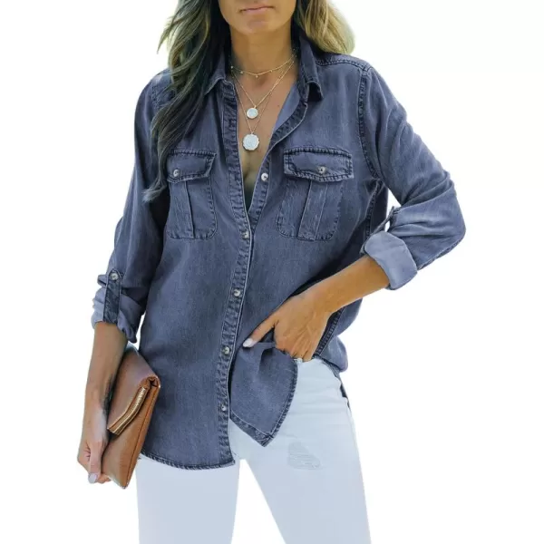 Sidefeel Womens Denim Tops Long Sleeve Shacket Jackets Button Down Collared Jean ShirtBlue