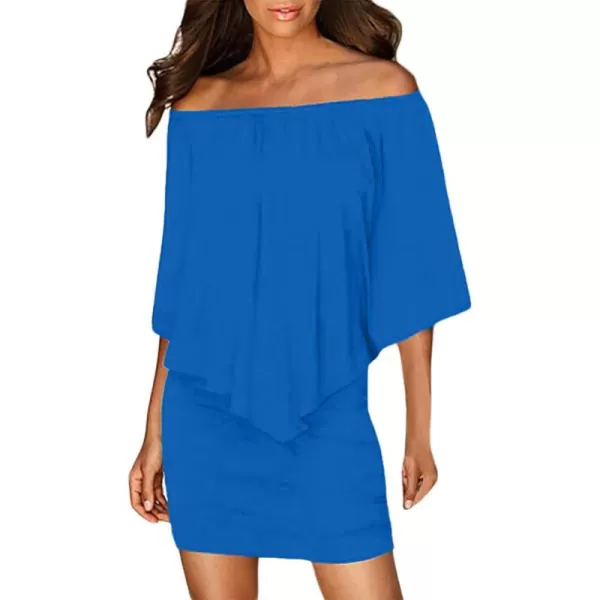 Sidefeel Womens Dresses Off Shoulder Ruffles Night Club Bodycon Mini DressBlue