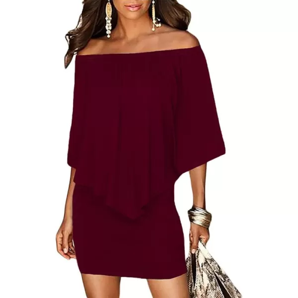 Sidefeel Womens Dresses Off Shoulder Ruffles Night Club Bodycon Mini DressBurgundy