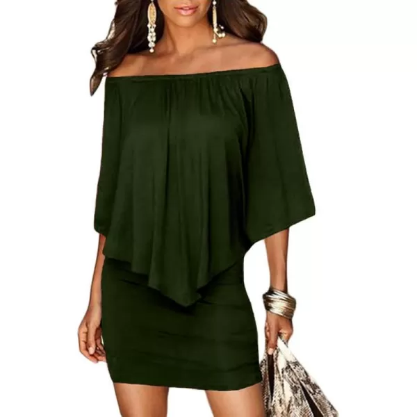 Sidefeel Womens Dresses Off Shoulder Ruffles Night Club Bodycon Mini DressGreen