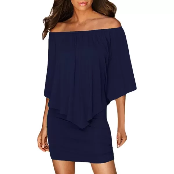 Sidefeel Womens Dresses Off Shoulder Ruffles Night Club Bodycon Mini DressNavy Blue