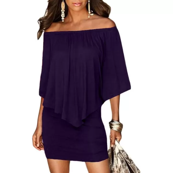 Sidefeel Womens Dresses Off Shoulder Ruffles Night Club Bodycon Mini DressPurple