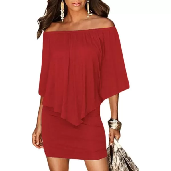 Sidefeel Womens Dresses Off Shoulder Ruffles Night Club Bodycon Mini DressRed