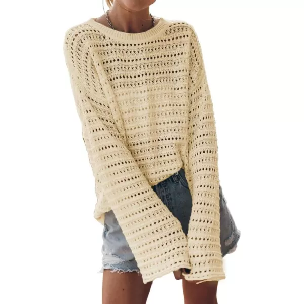 Sidefeel Womens Fall Outfit 2024 Lightweight Sweater Crochet Hollow Out Knit Spring Summer ClothesApricot