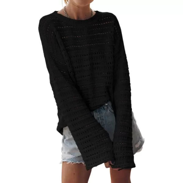 Sidefeel Womens Fall Outfit 2024 Lightweight Sweater Crochet Hollow Out Knit Spring Summer ClothesBlack