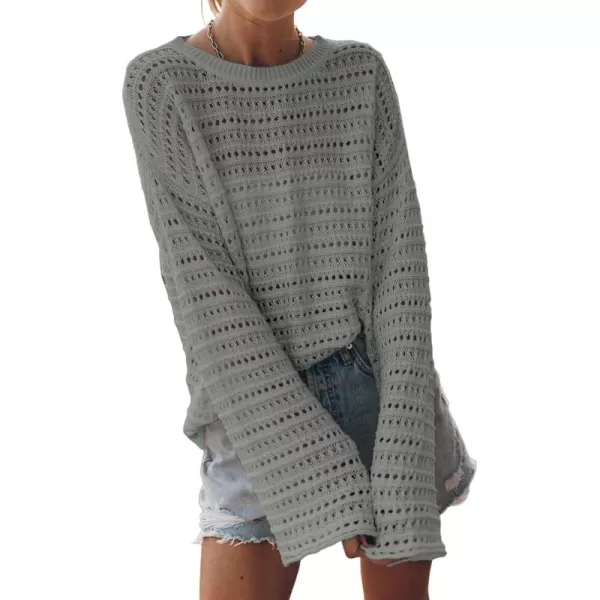 Sidefeel Womens Fall Outfit 2024 Lightweight Sweater Crochet Hollow Out Knit Spring Summer ClothesGray