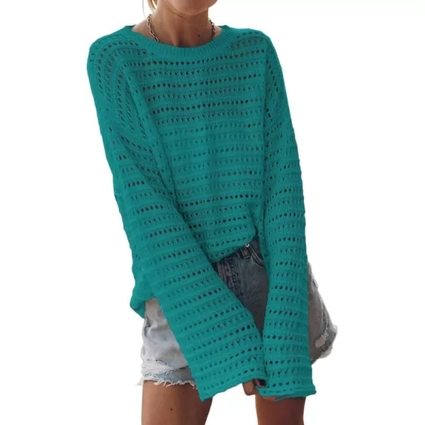 Sidefeel Womens Fall Outfit 2024 Lightweight Sweater Crochet Hollow Out Knit Spring Summer ClothesGreen