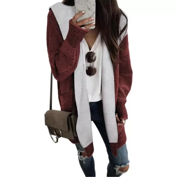 Sidefeel Womens Fleece Lined Hooded Cardigan Oversized Open Front Chunky Knit Plaid Sweater CoatBiking Red