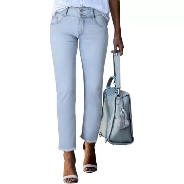 Sidefeel Womens High Waisted Jeans Strechy Raw Hem Straight Leg Denim Pants with PocketsL Light Blue