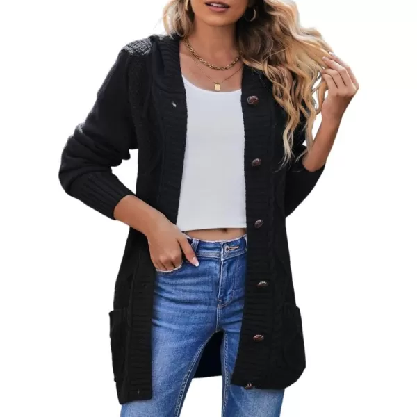 Sidefeel Womens Open Front Hooded Cardigan Sweaters Button Down Long Sleeve Chunky Knit Coat with PocketsZ Black