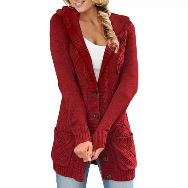 Sidefeel Womens Open Front Hooded Cardigan Sweaters Button Down Long Sleeve Chunky Knit Coat with PocketsZ Red