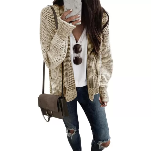 Sidefeel Womens Plaid Short Cardigan Oversized Chunky Long Sleeve Knit Open Front Cardigan Sweaters with PocketsApricot