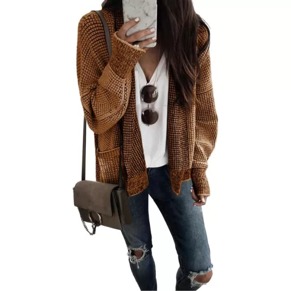 Sidefeel Womens Plaid Short Cardigan Oversized Chunky Long Sleeve Knit Open Front Cardigan Sweaters with PocketsBrown