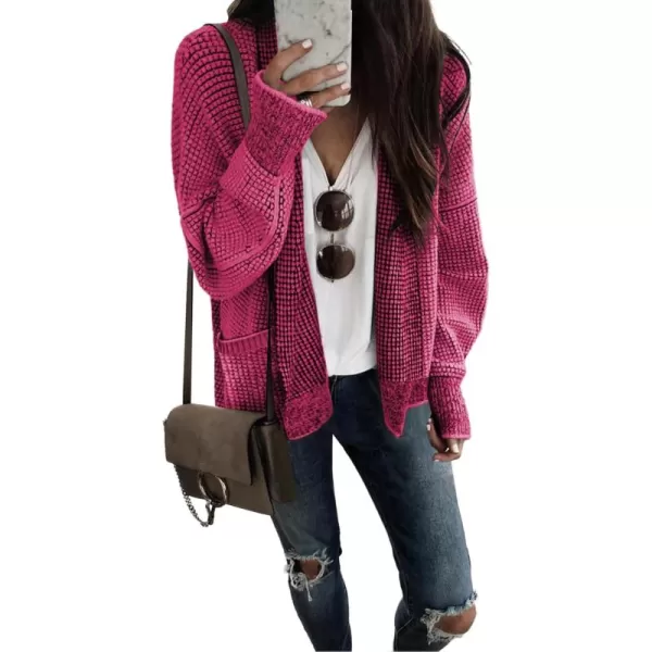 Sidefeel Womens Plaid Short Cardigan Oversized Chunky Long Sleeve Knit Open Front Cardigan Sweaters with PocketsHot Pink