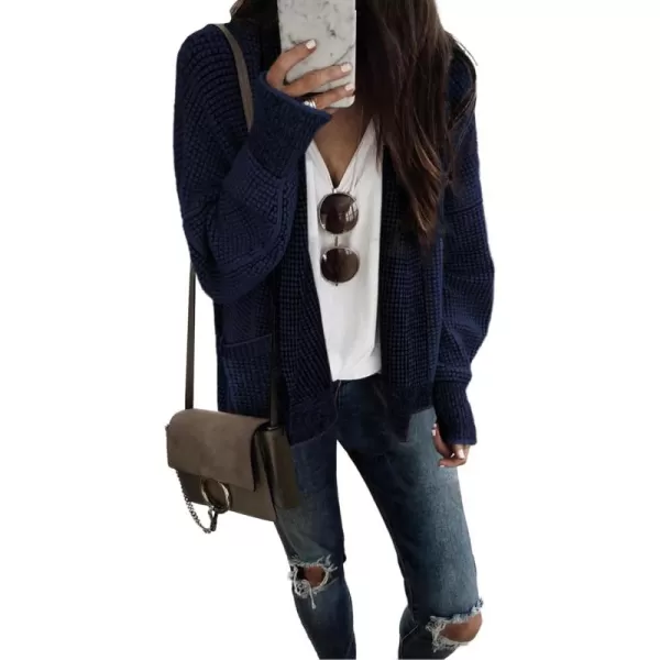 Sidefeel Womens Plaid Short Cardigan Oversized Chunky Long Sleeve Knit Open Front Cardigan Sweaters with PocketsNavy Blue