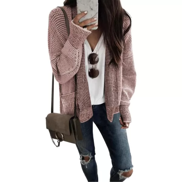 Sidefeel Womens Plaid Short Cardigan Oversized Chunky Long Sleeve Knit Open Front Cardigan Sweaters with PocketsPink