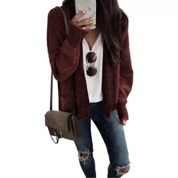 Sidefeel Womens Plaid Short Cardigan Oversized Chunky Long Sleeve Knit Open Front Cardigan Sweaters with PocketsRed