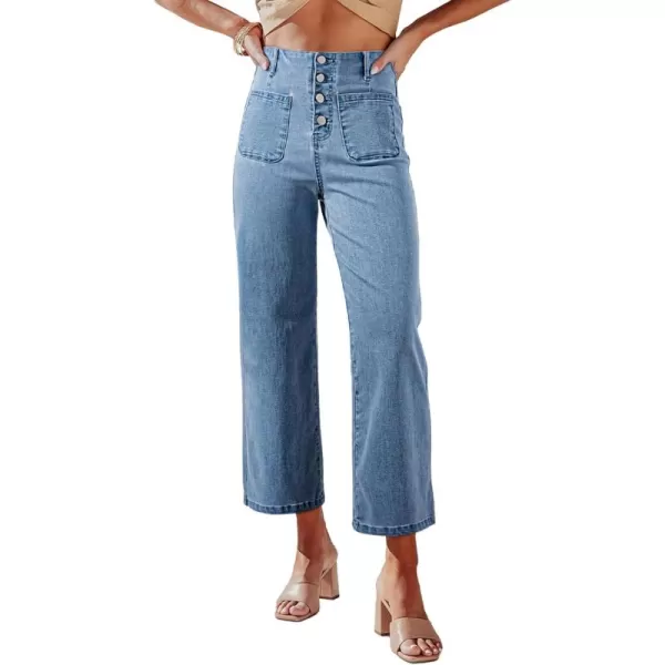 Sidefeel Womens Wide Leg Jeans High Waisted Stretchy Straight Leg Jeans Buttoned Loose Denim Pants with PocketMist Blue