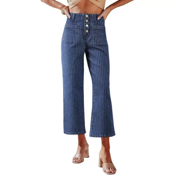 Sidefeel Womens Wide Leg Jeans High Waisted Stretchy Straight Leg Jeans Buttoned Loose Denim Pants with PocketSky Blue Stripe