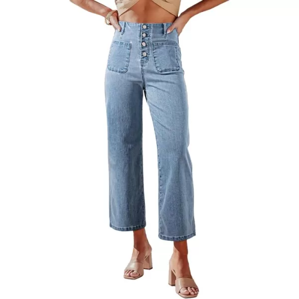 Sidefeel Womens Wide Leg Jeans High Waisted Stretchy Straight Leg Jeans Buttoned Loose Denim Pants with PocketWater Blue