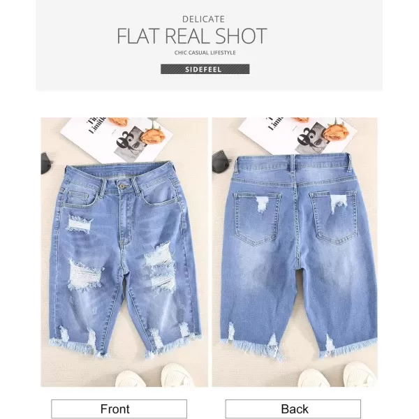 Sidefeel Women Bermuda Shorts Denim Destroyed Raw Hem Shorts Jeans01 Sky Blue