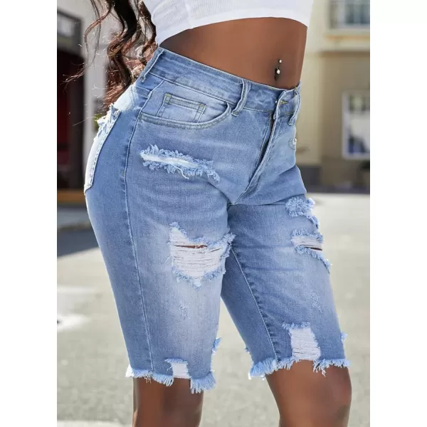 Sidefeel Women Bermuda Shorts Denim Destroyed Raw Hem Shorts Jeans01 Sky Blue