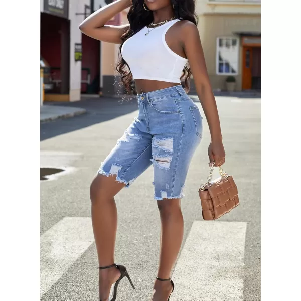 Sidefeel Women Bermuda Shorts Denim Destroyed Raw Hem Shorts Jeans01 Sky Blue