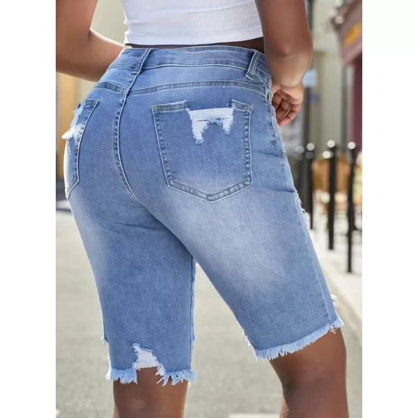 Sidefeel Women Bermuda Shorts Denim Destroyed Raw Hem Shorts Jeans01 Sky Blue