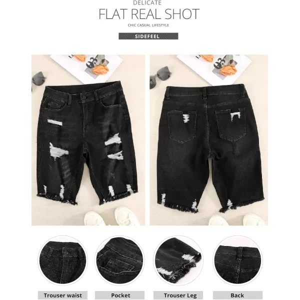 Sidefeel Women Bermuda Shorts Denim Destroyed Raw Hem Shorts JeansA Black