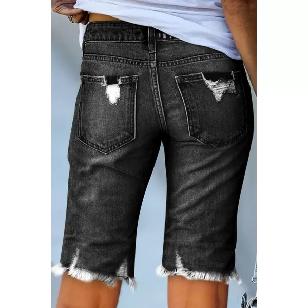 Sidefeel Women Bermuda Shorts Denim Destroyed Raw Hem Shorts JeansA Black