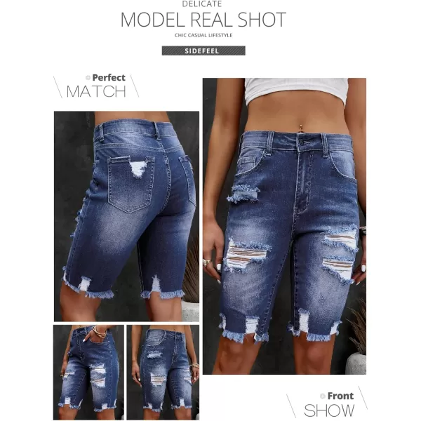 Sidefeel Women Bermuda Shorts Denim Destroyed Raw Hem Shorts JeansA Blue