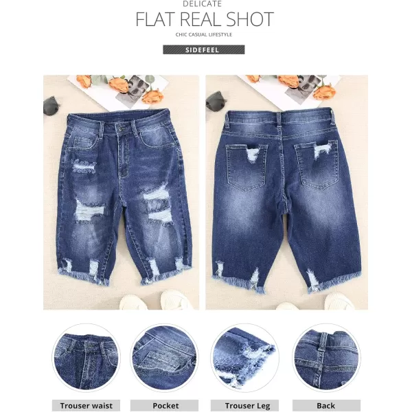 Sidefeel Women Bermuda Shorts Denim Destroyed Raw Hem Shorts JeansA Blue