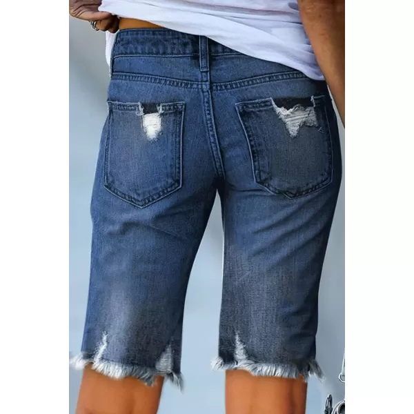 Sidefeel Women Bermuda Shorts Denim Destroyed Raw Hem Shorts JeansA Blue