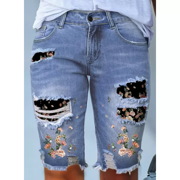 Sidefeel Women Bermuda Shorts Denim Destroyed Raw Hem Shorts JeansQ17 Sky Blue