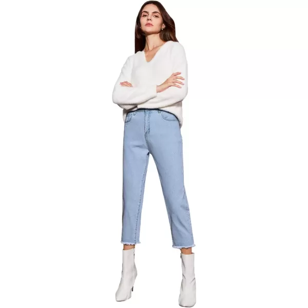 Sidefeel Womens Capri Jeans High Waisted 2024 Straight Leg Raw Hem Denim PantsE Sky Blue