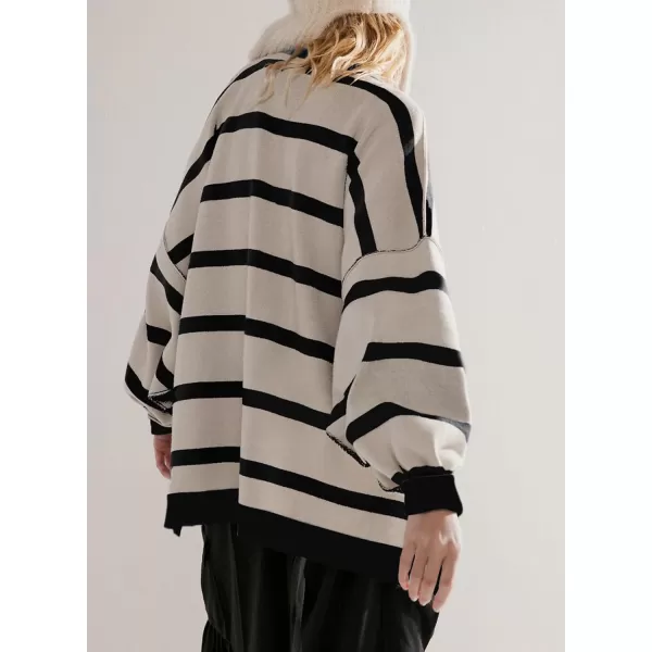 Sidefeel Womens Cardigan 2024 Fall Sweaters Open Front Coat Oversized Striped Chunky Outwear with PocketsBlack