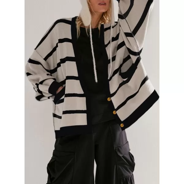 Sidefeel Womens Cardigan 2024 Fall Sweaters Open Front Coat Oversized Striped Chunky Outwear with PocketsBlack