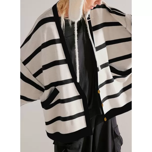 Sidefeel Womens Cardigan 2024 Fall Sweaters Open Front Coat Oversized Striped Chunky Outwear with PocketsBlack