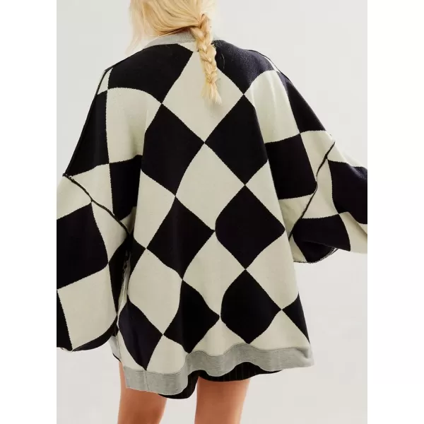 Sidefeel Womens Cardigan 2024 Fall Sweaters Open Front Coat Oversized Striped Chunky Outwear with PocketsBlack Plaid