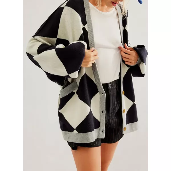 Sidefeel Womens Cardigan 2024 Fall Sweaters Open Front Coat Oversized Striped Chunky Outwear with PocketsBlack Plaid