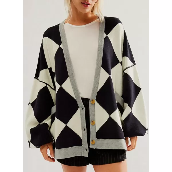 Sidefeel Womens Cardigan 2024 Fall Sweaters Open Front Coat Oversized Striped Chunky Outwear with PocketsBlack Plaid