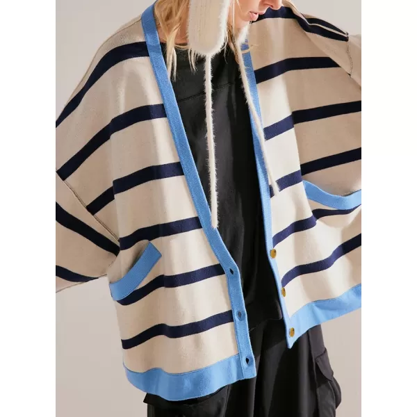 Sidefeel Womens Cardigan 2024 Fall Sweaters Open Front Coat Oversized Striped Chunky Outwear with PocketsBlue
